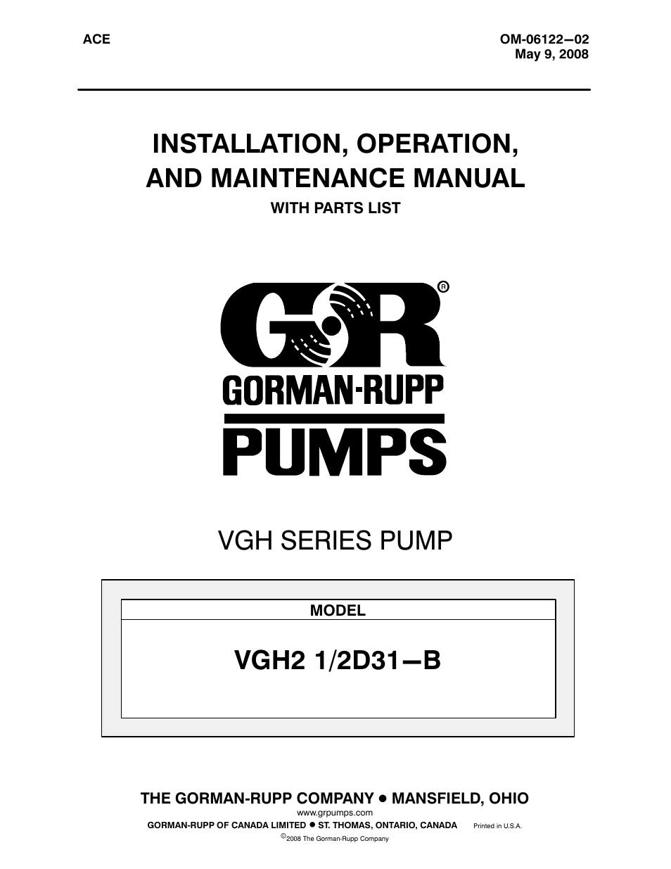 Gorman-Rupp Pumps VGH2 1/2D31-B 1379872 thru 1208720 User Manual | 33 pages