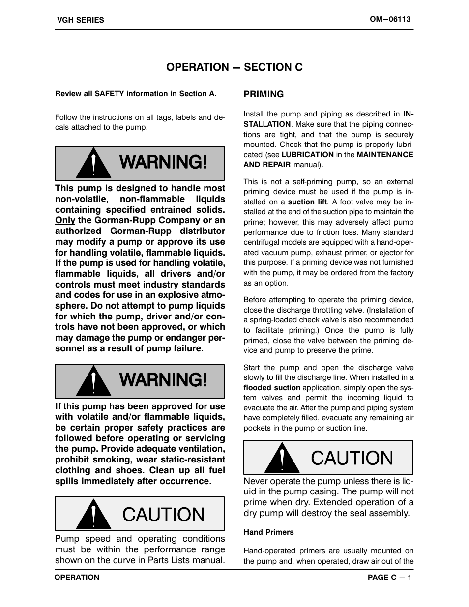 Operation - section c | Gorman-Rupp Pumps VGH1 1/4C31-B 1379872 thru 1210741 User Manual | Page 14 / 33