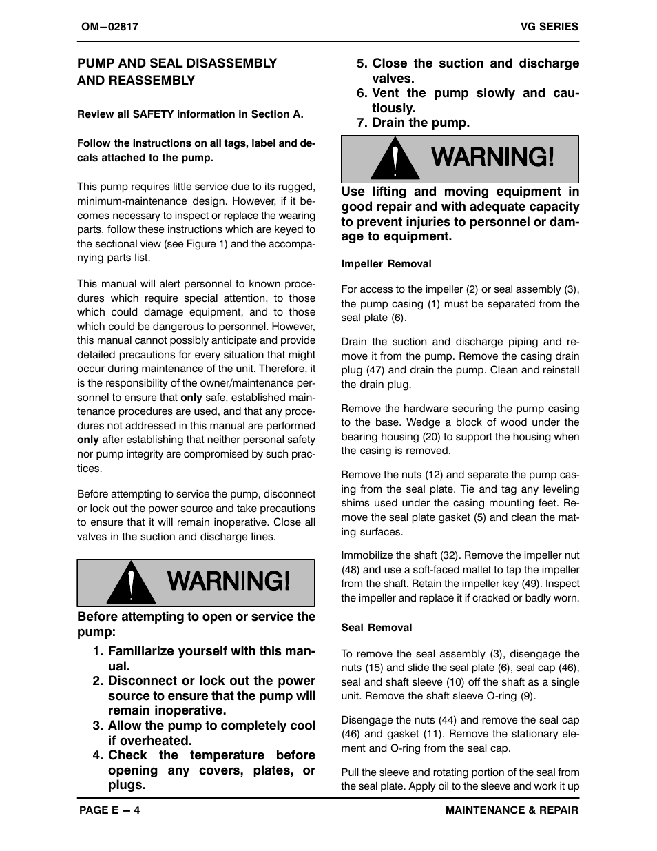 Pump and seal disassemblyand reassembly | Gorman-Rupp Pumps VG6D3-B 1188889 and up User Manual | Page 24 / 30