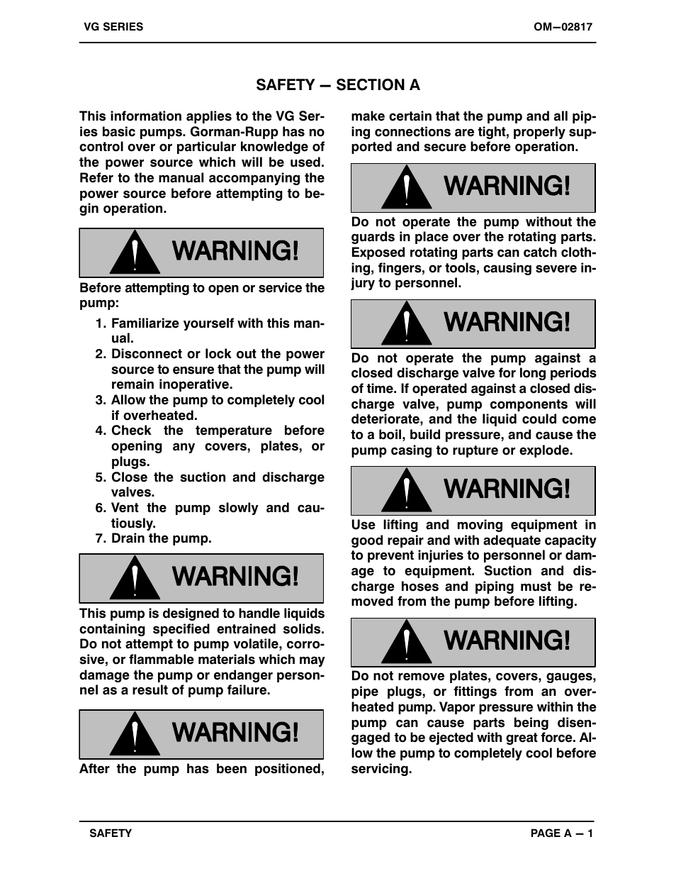 Safety - section a | Gorman-Rupp Pumps VG6D3-B 1188889 and up User Manual | Page 6 / 30