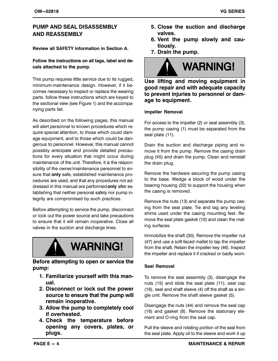 Pump and seal disassemblyand reassembly | Gorman-Rupp Pumps VG6E3-B 1238969 and up User Manual | Page 24 / 29