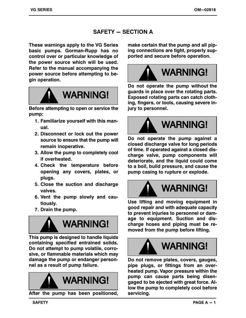 Safety - section a | Gorman-Rupp Pumps VG6E3-B 1238969 and up User Manual | Page 6 / 29