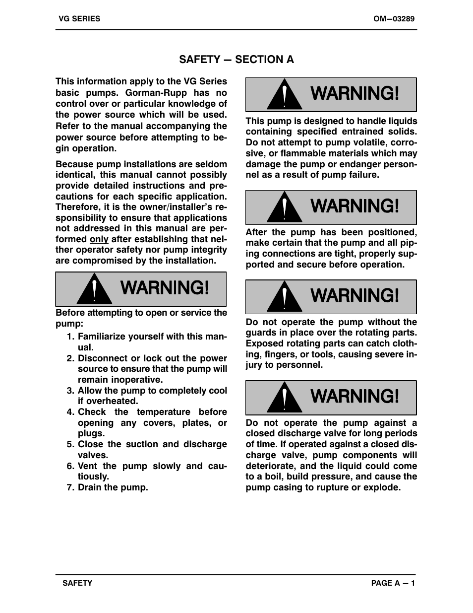 Safety - section a | Gorman-Rupp Pumps VG1 1/4B3-B 1260463 and up User Manual | Page 6 / 34