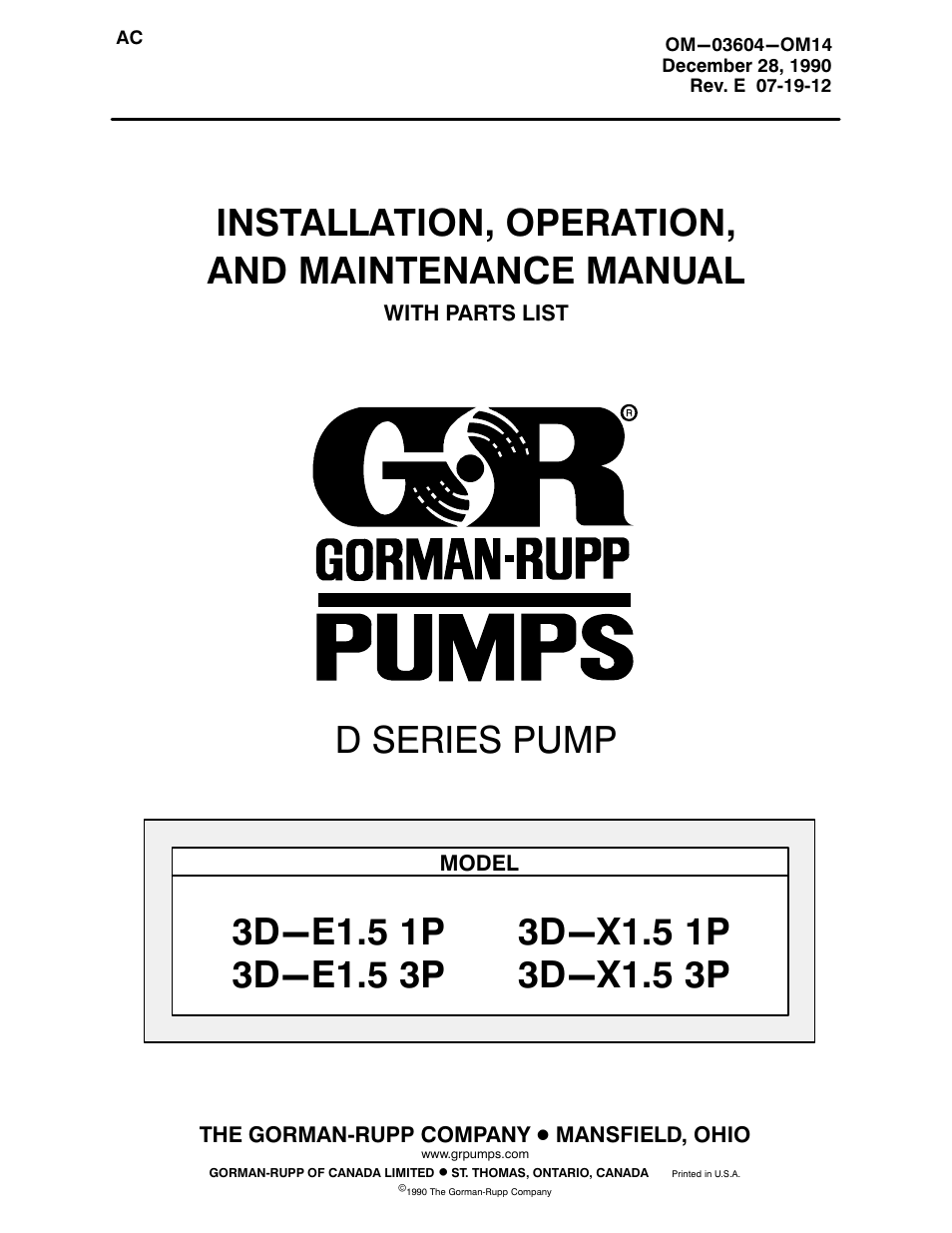 Gorman-Rupp Pumps 3D-E1.5 1P 883504 and up User Manual | 33 pages