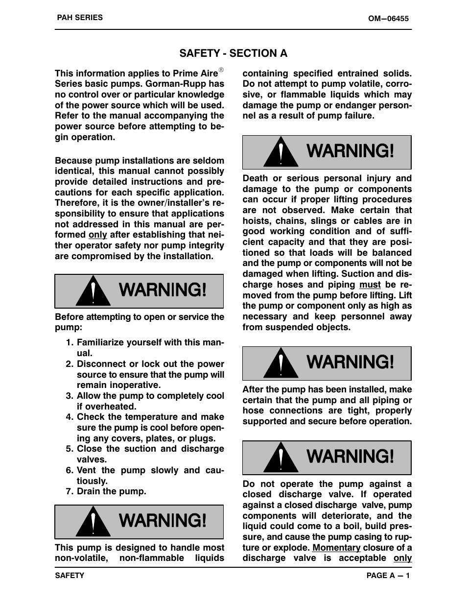 Safety ‐ section a | Gorman-Rupp Pumps PAH8A60C-B 1537579 and up User Manual | Page 7 / 43