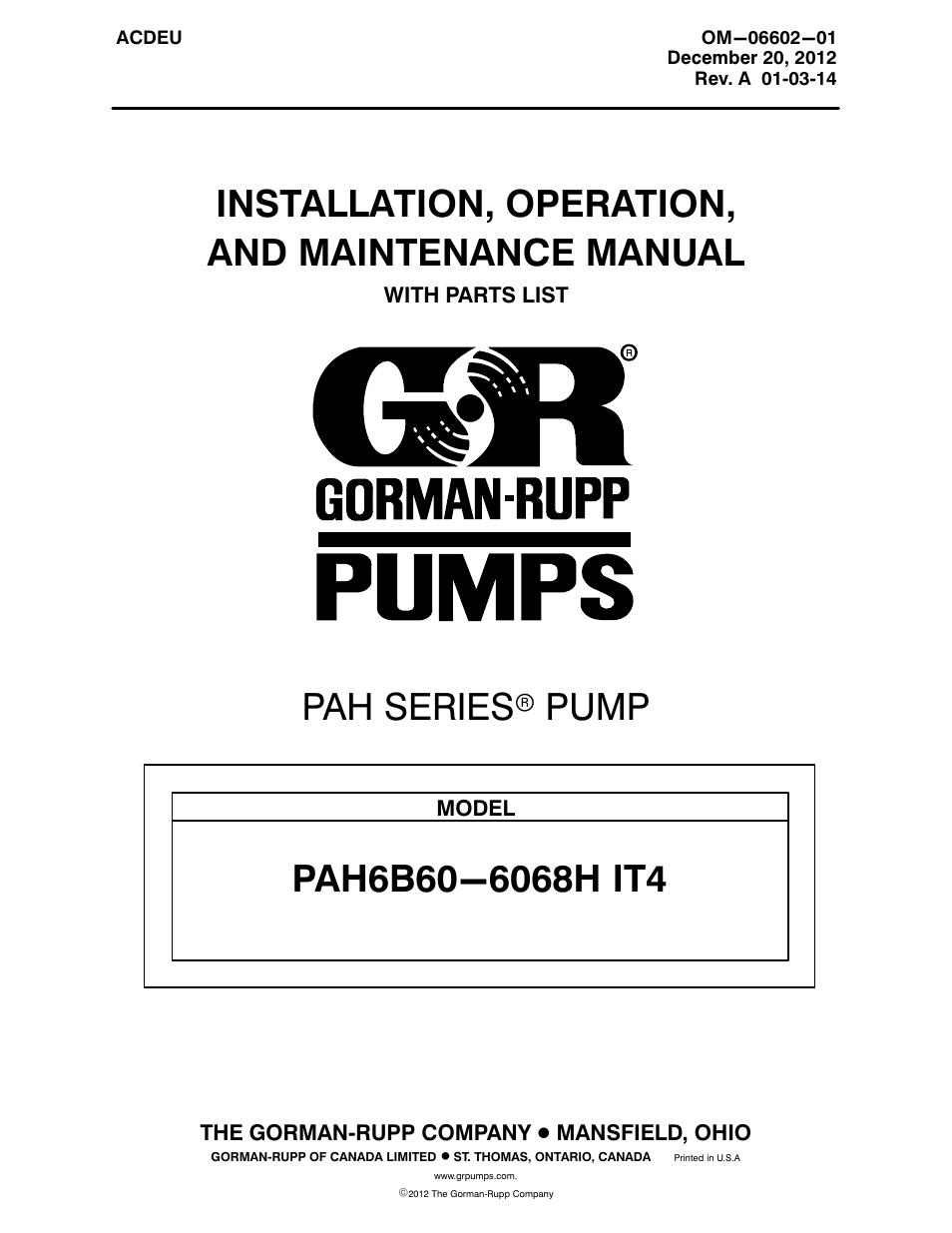 Gorman-Rupp Pumps PAH6B60-6068H IT4 1529202 and up User Manual | 50 pages