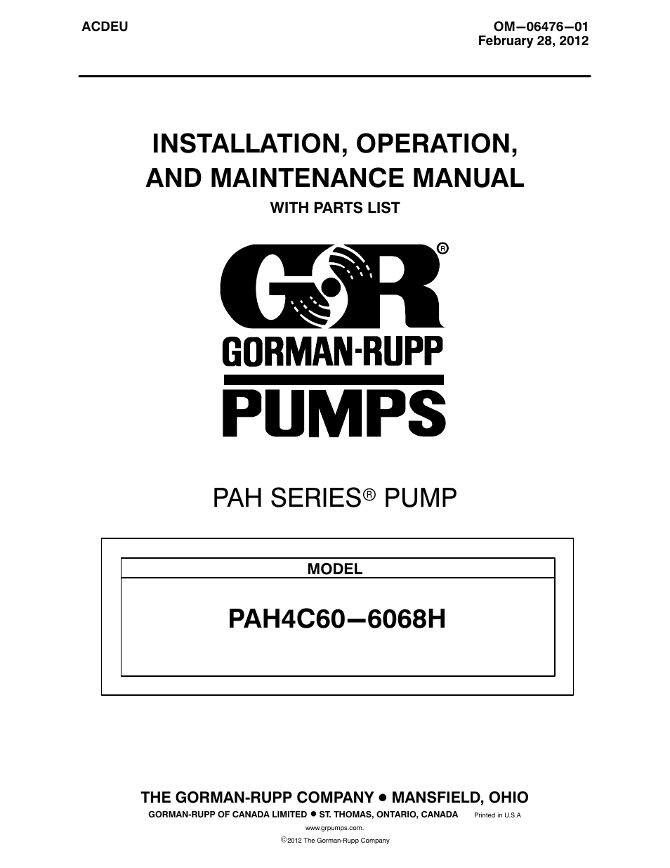 Gorman-Rupp Pumps PAH4C60-6068H 1532412 and up User Manual | 47 pages