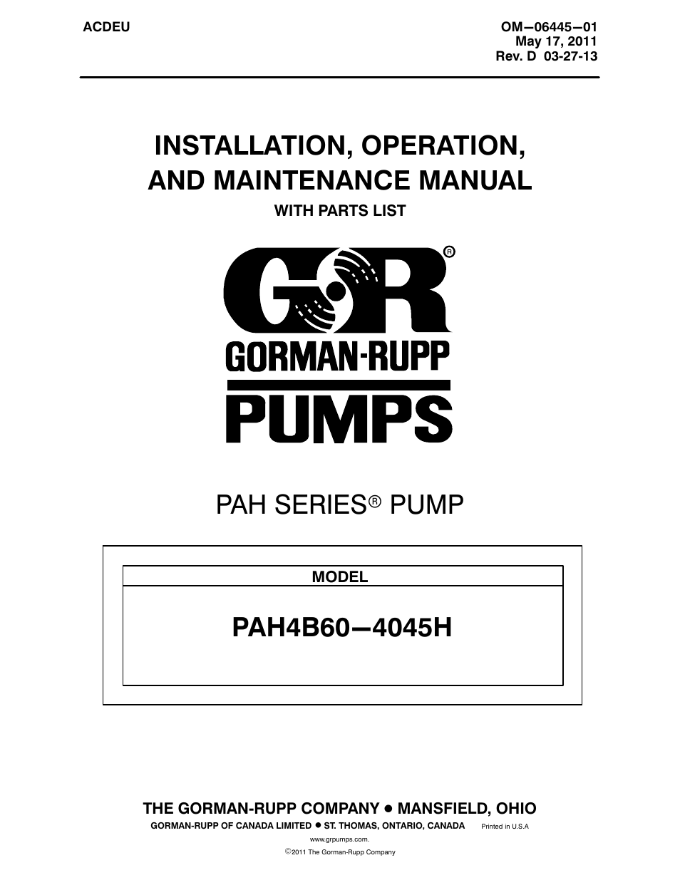 Gorman-Rupp Pumps PAH4B60-4045H 1484421 and up User Manual | 50 pages