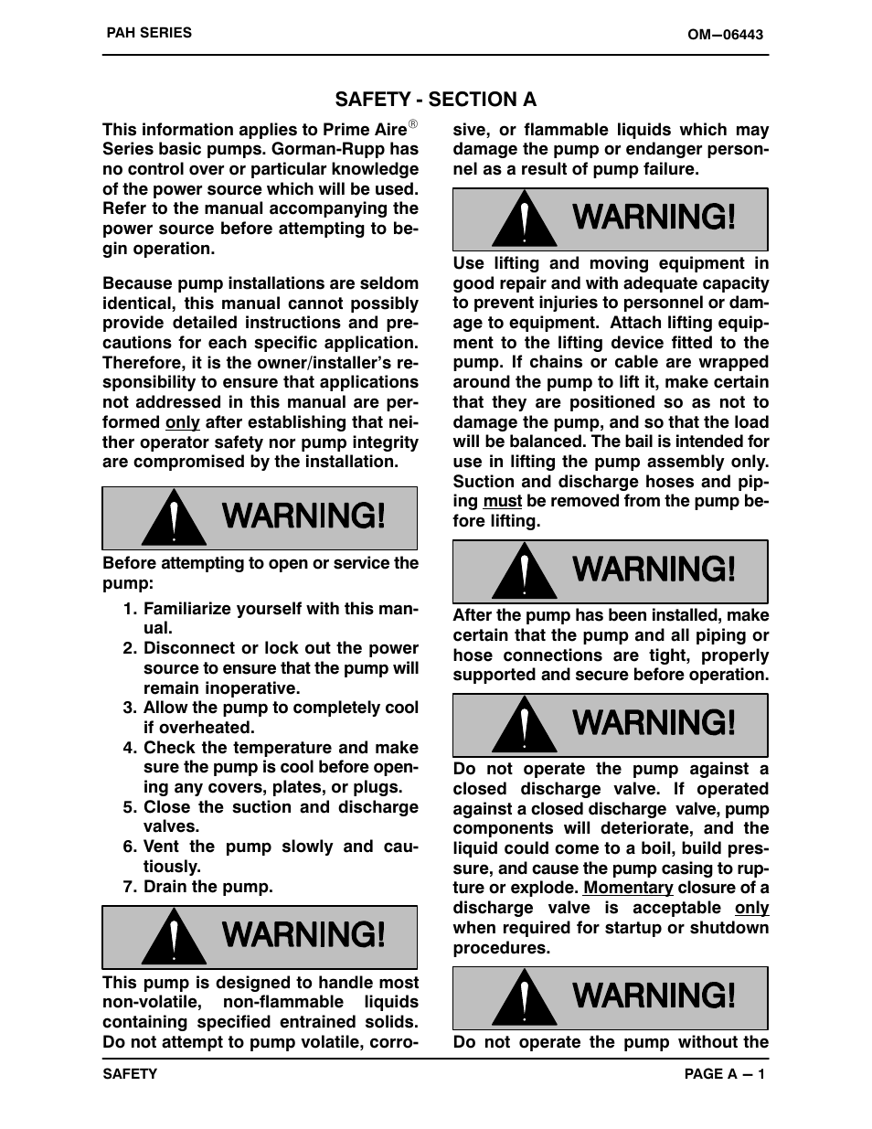 Safety ‐ section a | Gorman-Rupp Pumps PAH4A60C-B 1512735 and up User Manual | Page 7 / 41