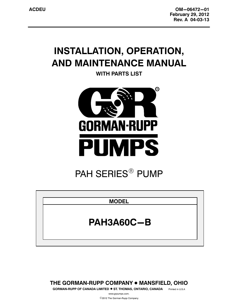 Gorman-Rupp Pumps PAH3A60C-B 1524589 and up User Manual | 41 pages