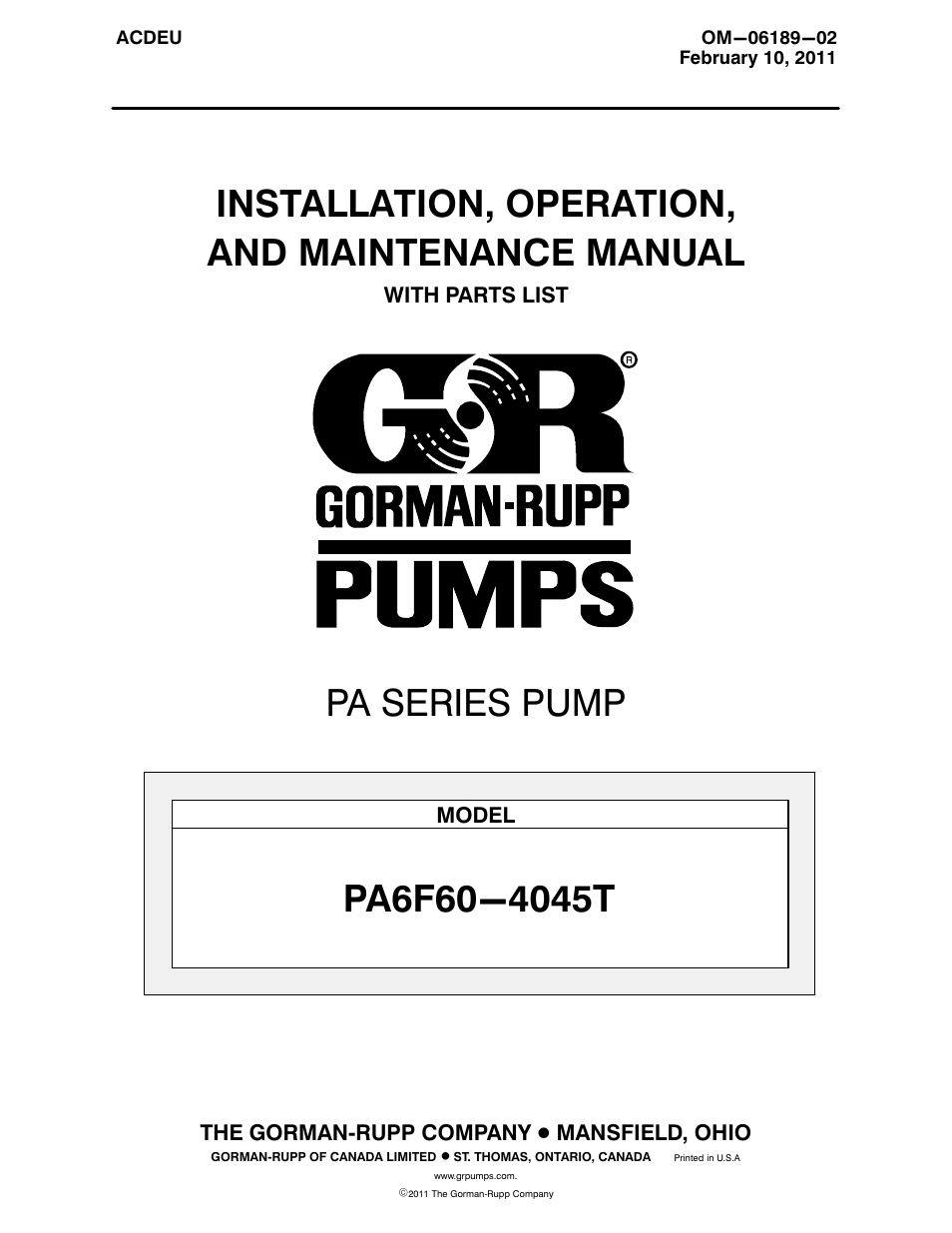 Gorman-Rupp Pumps PA6F60-4045T 1521221 and up User Manual | 45 pages