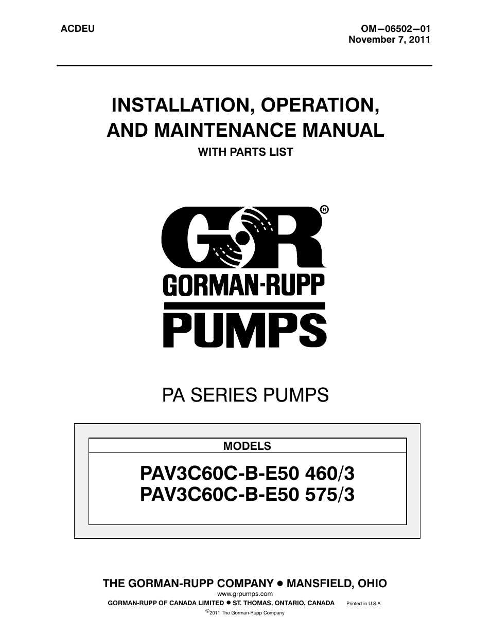 Gorman-Rupp Pumps PAV3C60C-B-E10 575/3 All serial numbers User Manual | 51 pages