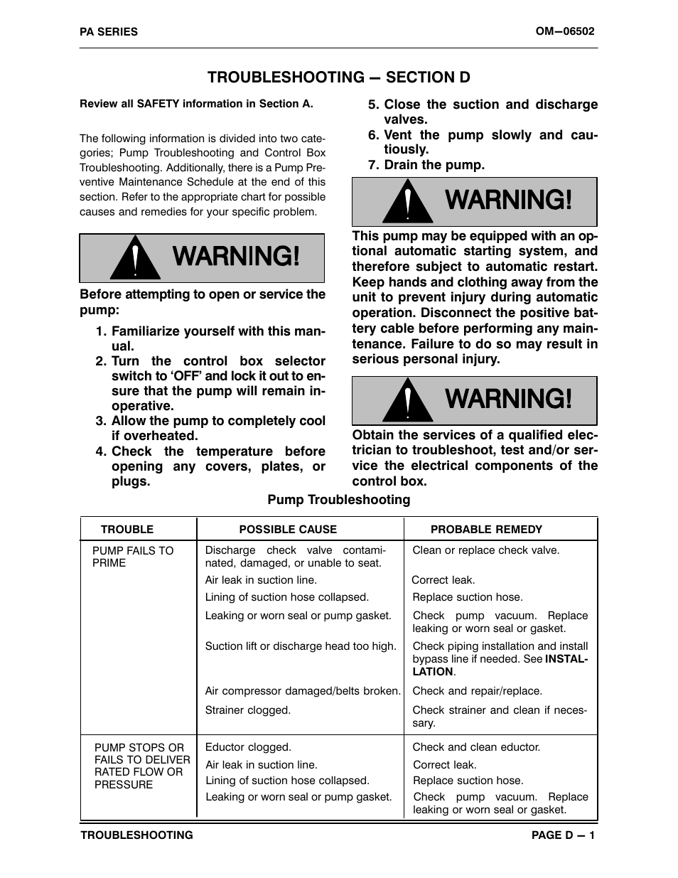 Troubleshooting - section d | Gorman-Rupp Pumps PAV3C60C-B-E10 575/3 All serial numbers User Manual | Page 24 / 51