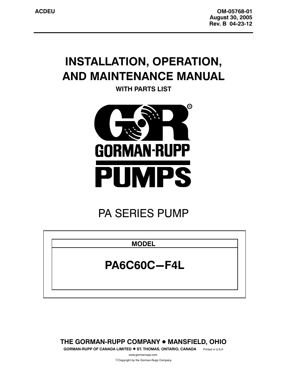 Gorman-Rupp Pumps PA6C60C-F4L 1318119 thru 1504810 User Manual | 49 pages