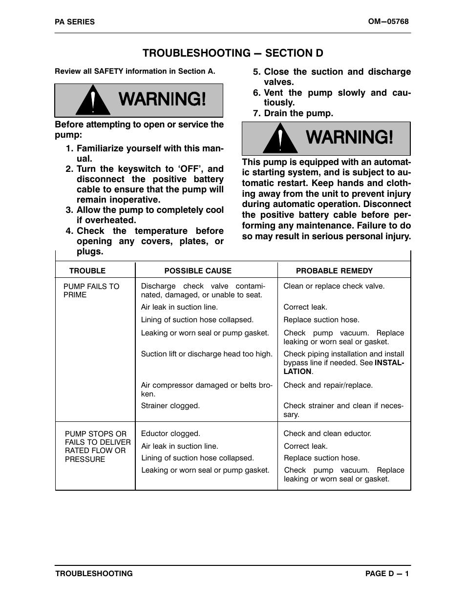 Troubleshooting - section d | Gorman-Rupp Pumps PA6C60C-F4L 1318119 thru 1504810 User Manual | Page 19 / 49