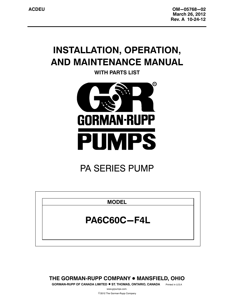 Gorman-Rupp Pumps PA6C60C-F4L 1504811 and up User Manual | 50 pages