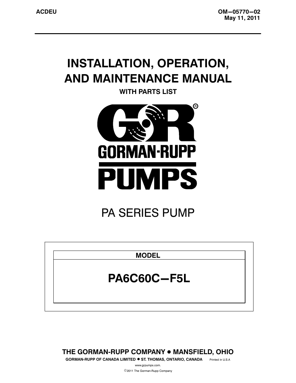 Gorman-Rupp Pumps PA6C60C-F5L All serial numbers User Manual | 50 pages