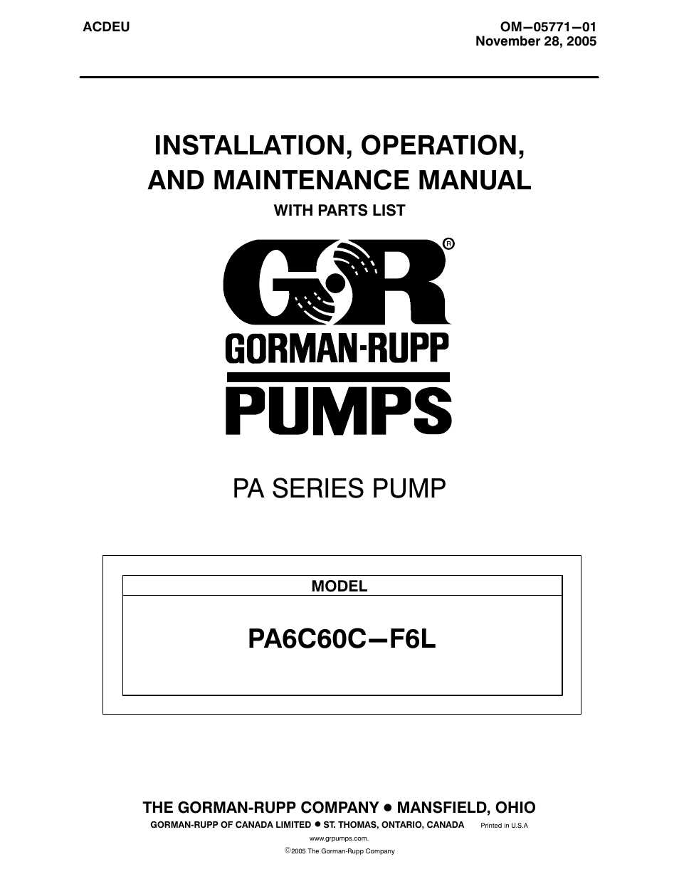 Gorman-Rupp Pumps PA6C60C-F6L 1423057 thru 1477477 User Manual | 49 pages