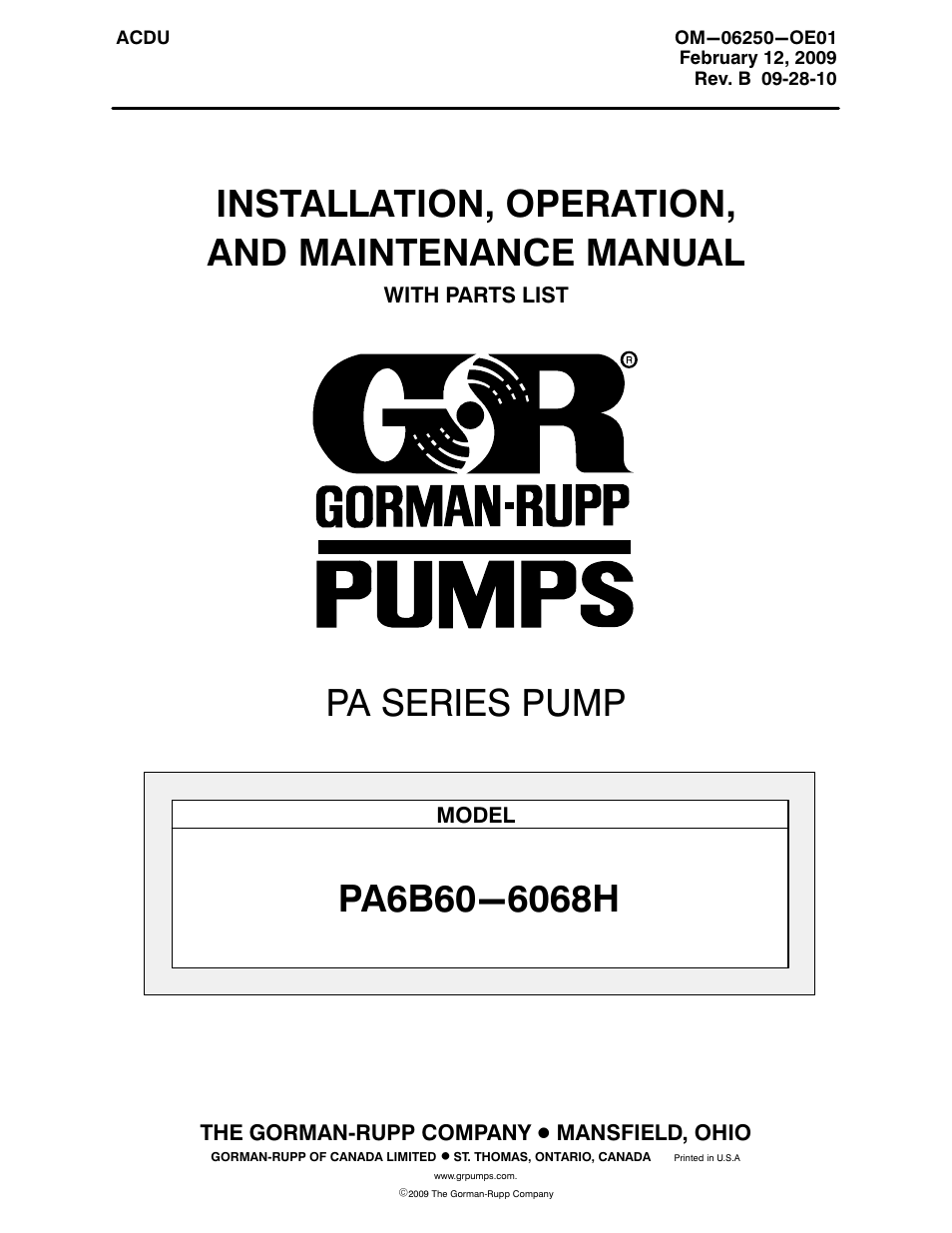 Gorman-Rupp Pumps PA6B60-6068H 1421583 and up User Manual | 45 pages