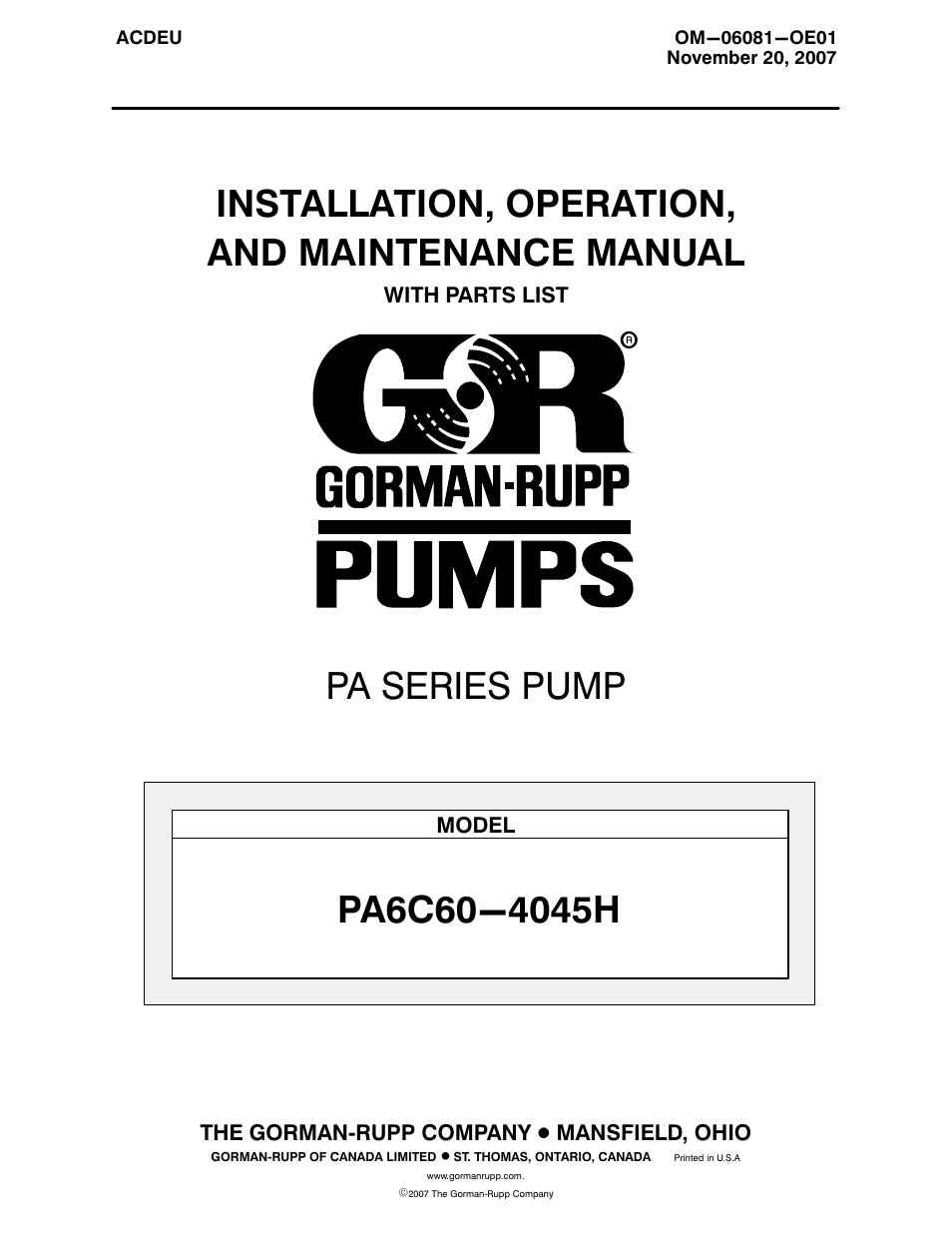 Gorman-Rupp Pumps PA6C60-4045H 1416490 thru 1485125 User Manual | 46 pages