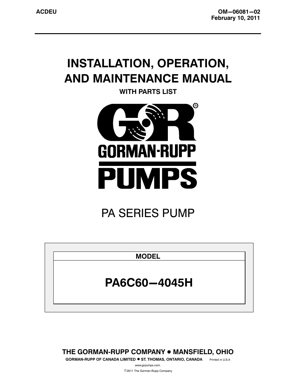 Gorman-Rupp Pumps PA6C60-4045H 1485126 and up User Manual | 46 pages