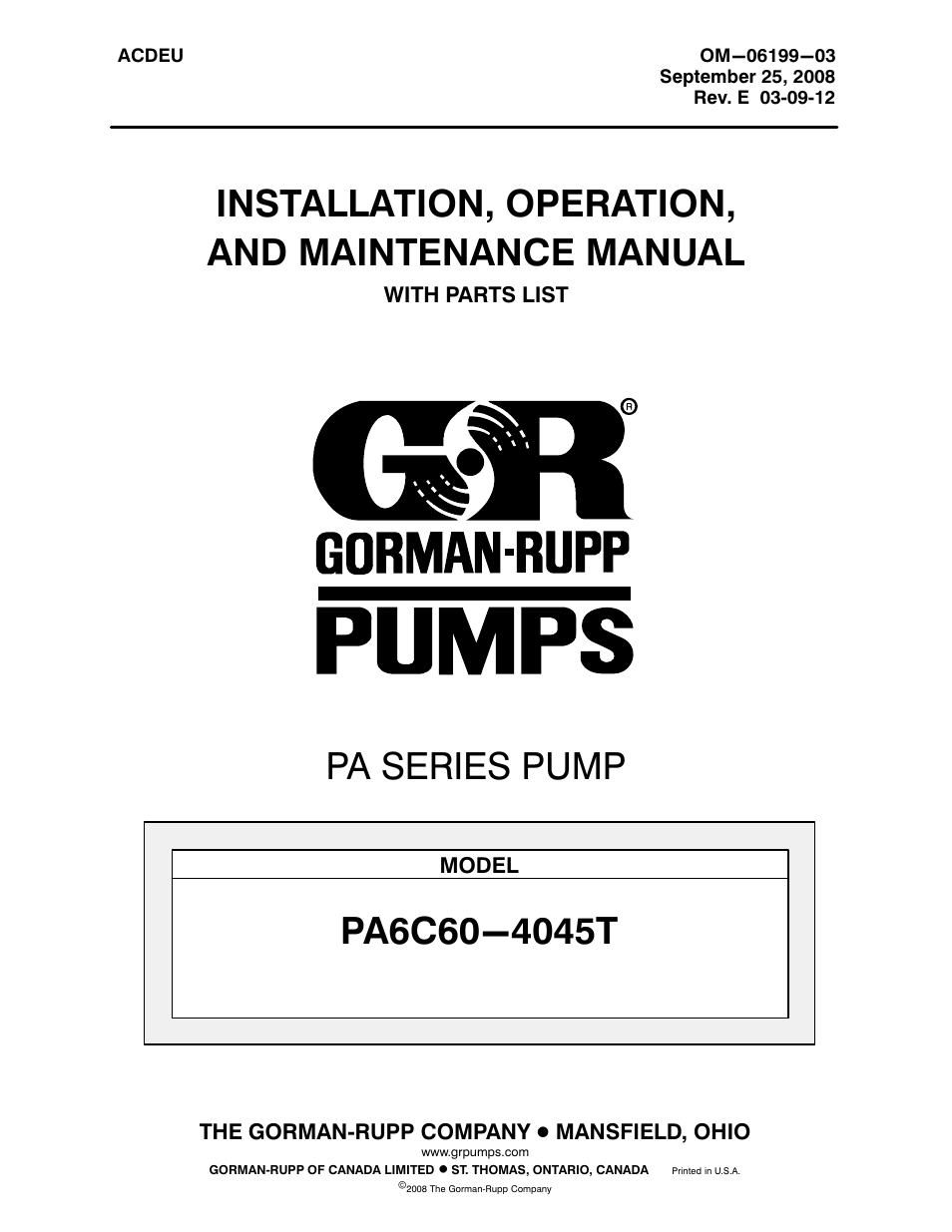 Gorman-Rupp Pumps PA6C60-4045T 1416818 thru 1481444 User Manual | 46 pages