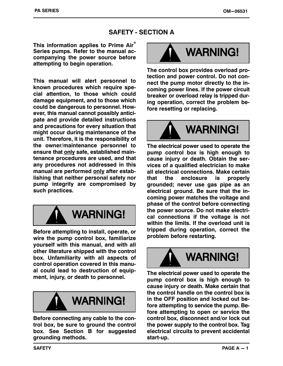 Safety ‐ section a | Gorman-Rupp Pumps PA6C60C-B-E50 460/3 1528569 and up User Manual | Page 6 / 52