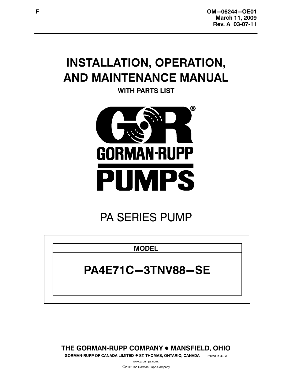 Gorman-Rupp Pumps PA4E71C-3TNV88-SE 1416614 and up User Manual | 58 pages