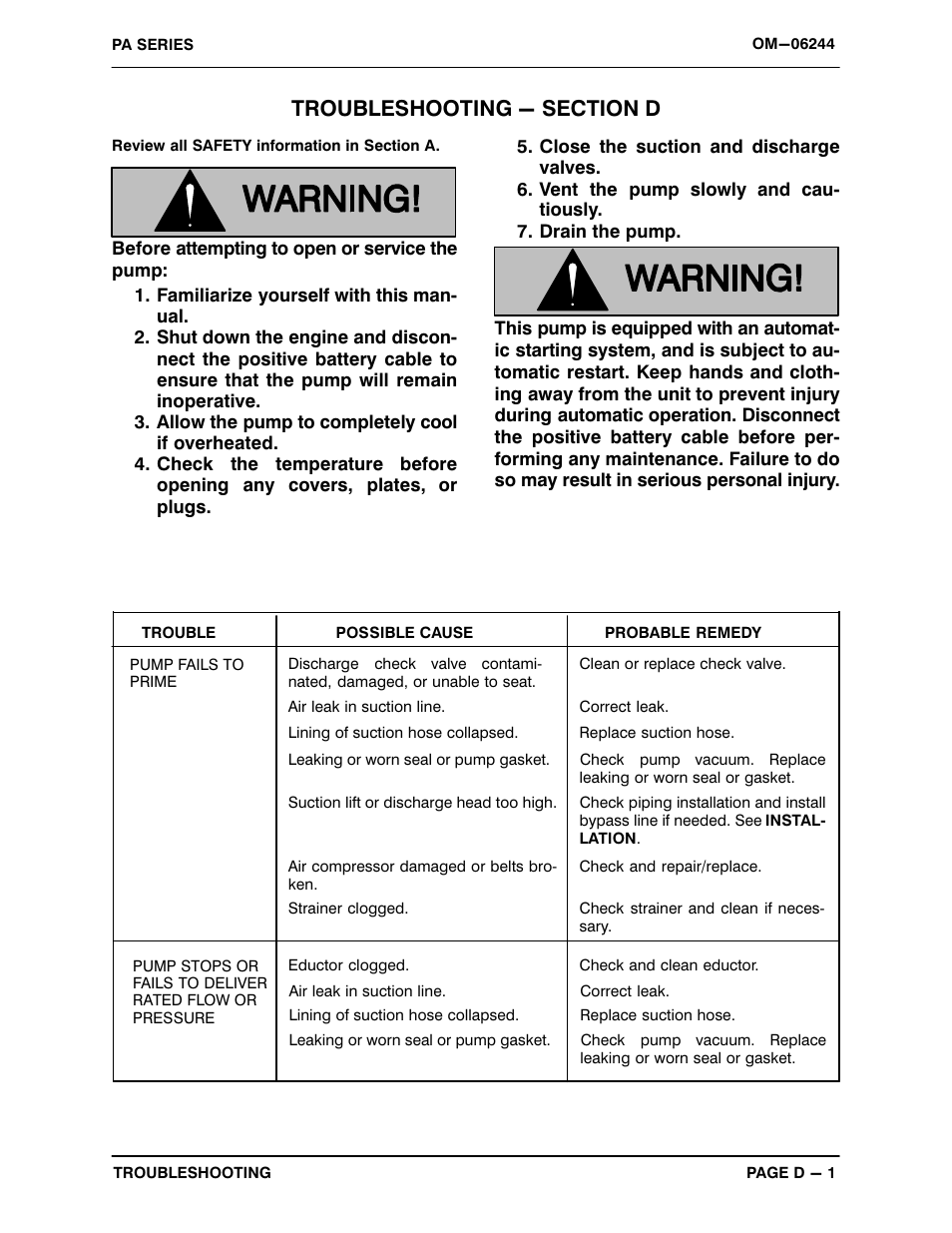 Troubleshooting - section d | Gorman-Rupp Pumps PA4E71C-3TNV88-SE 1416614 and up User Manual | Page 19 / 58