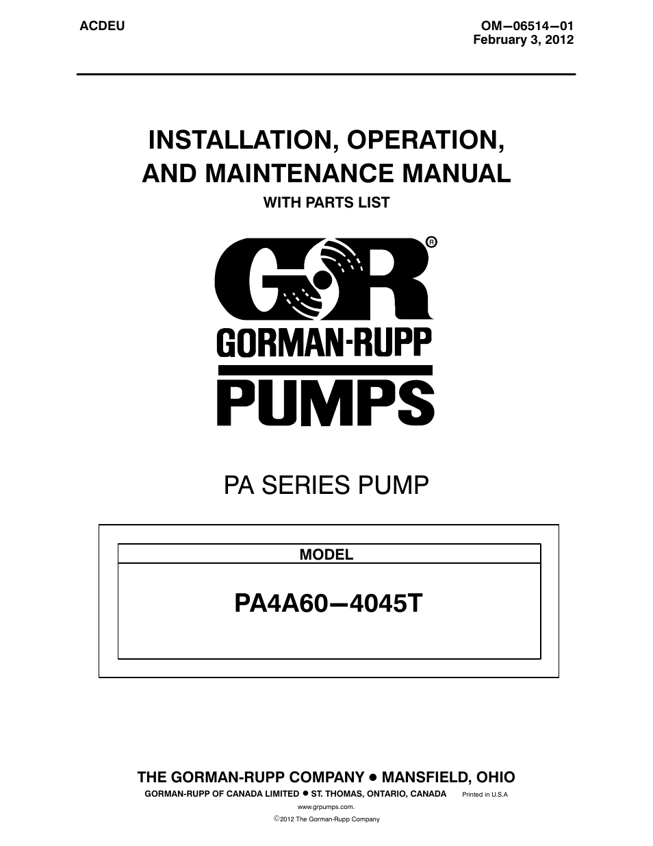 Gorman-Rupp Pumps PA4A60-4045T 1501804 and up User Manual | 47 pages