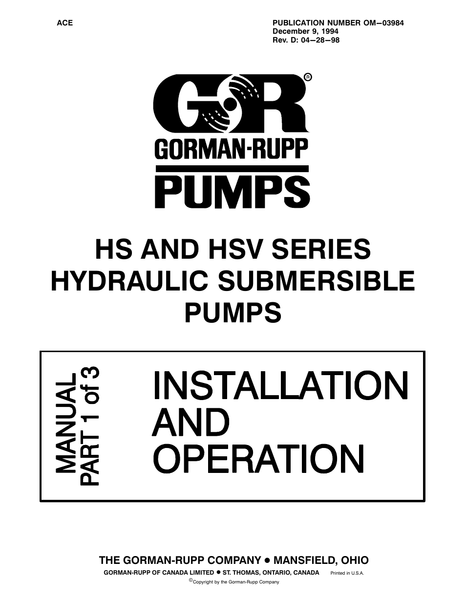 Gorman-Rupp Pumps HSV6B31-HYD All serial numbers User Manual | 13 pages