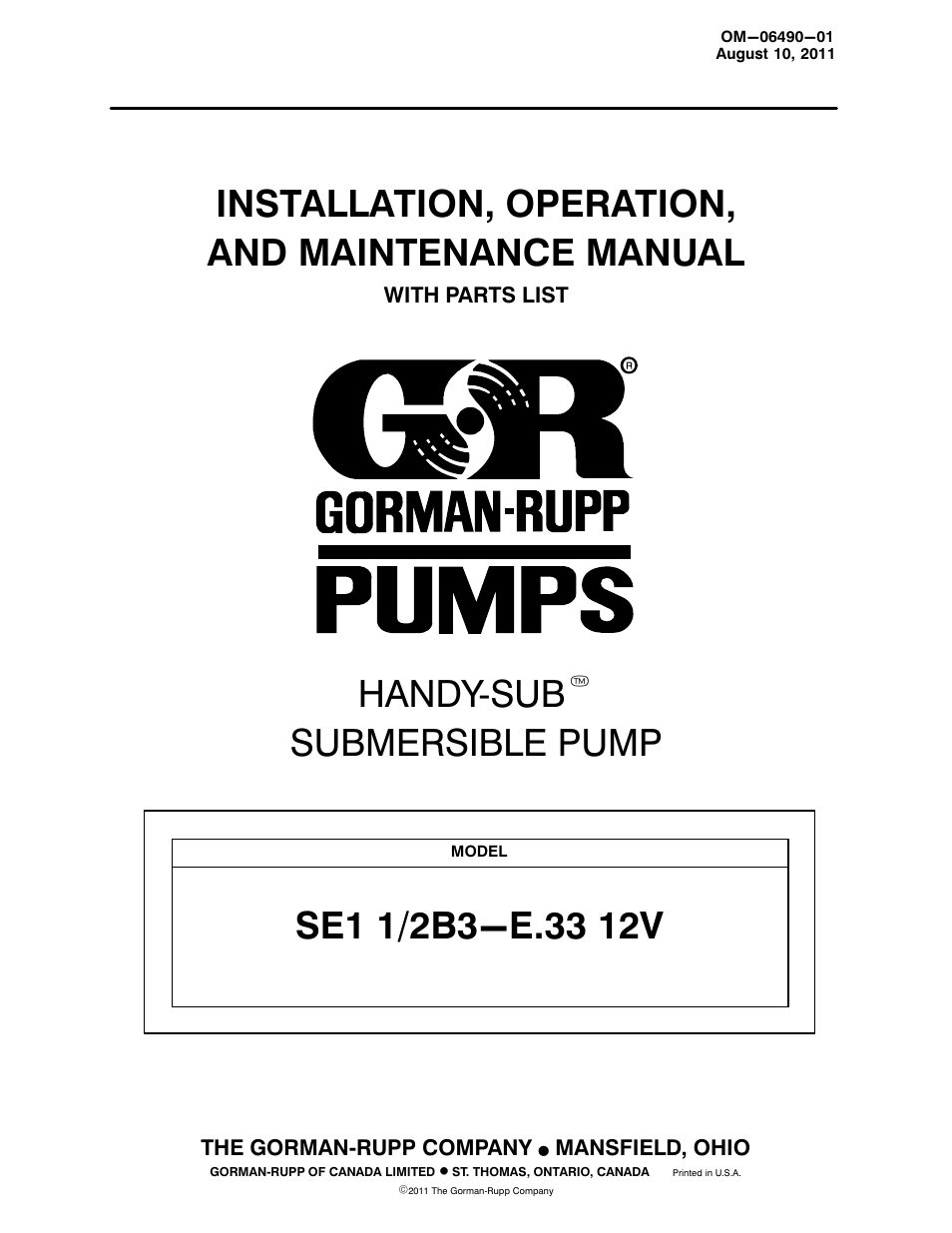 Gorman-Rupp Pumps SE1 1/2B3-E.33 12V 1483930 and up User Manual | 24 pages