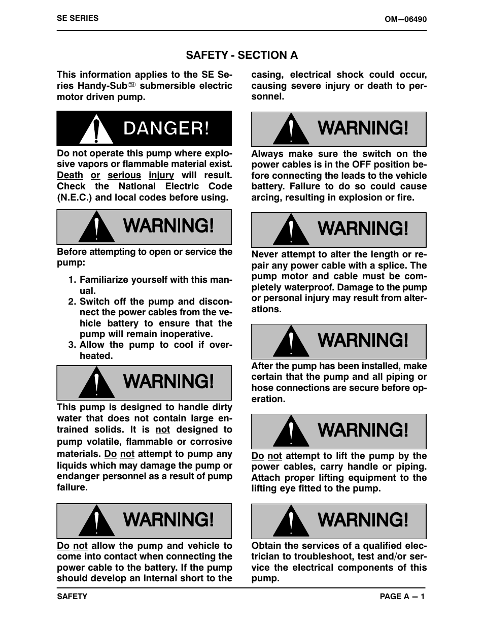 Safety - section a | Gorman-Rupp Pumps SE1 1/2B3-E.33 12V 1483930 and up User Manual | Page 6 / 24