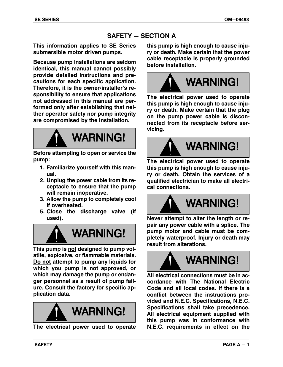 Safety - section a | Gorman-Rupp Pumps SE2C3A 115V 1P 1483930 and up User Manual | Page 6 / 37