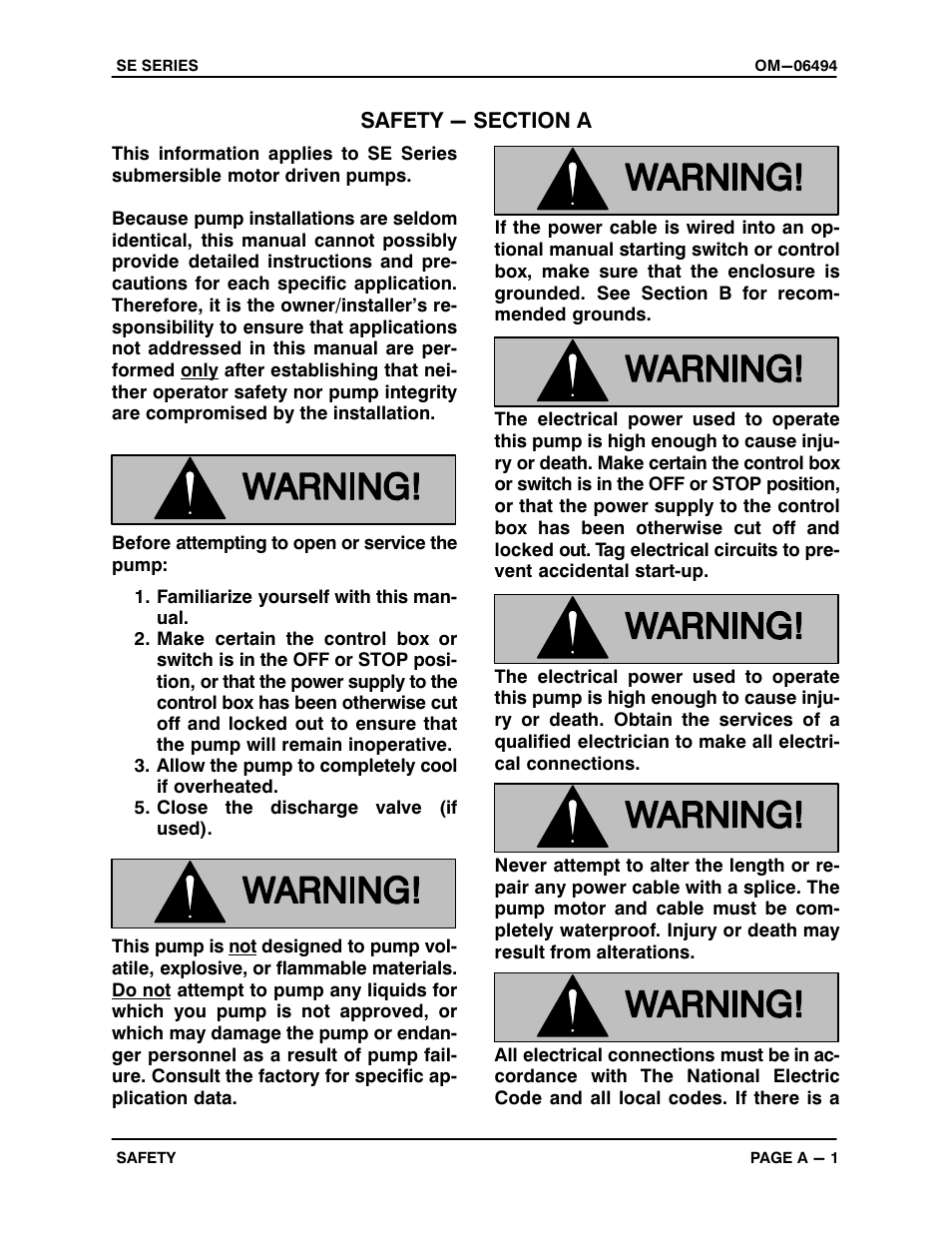 Safety - section a | Gorman-Rupp Pumps SE2D3 115V 1P 1483930 and up User Manual | Page 6 / 38