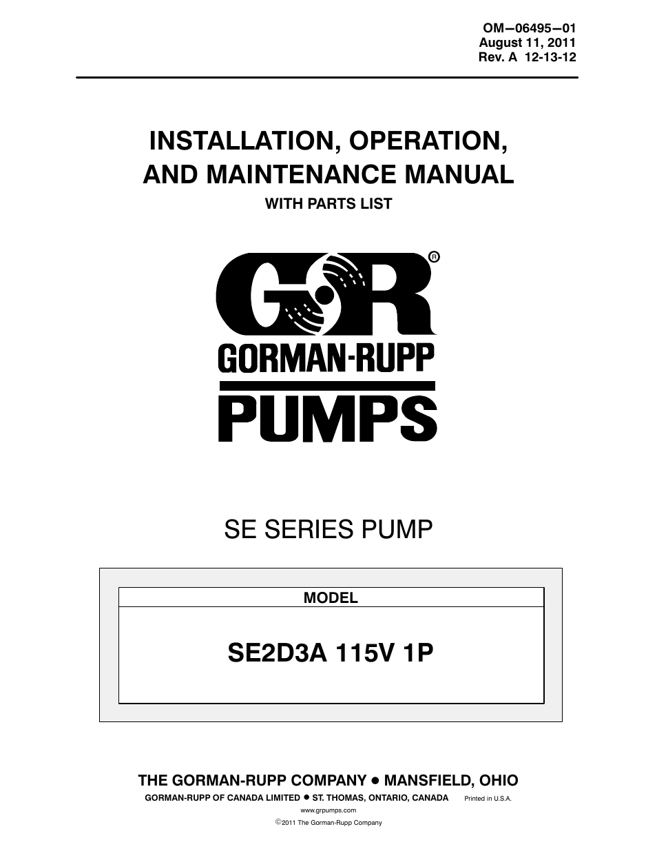 Gorman-Rupp Pumps SE2D3A 115V 1P 1483930 and up User Manual | 37 pages