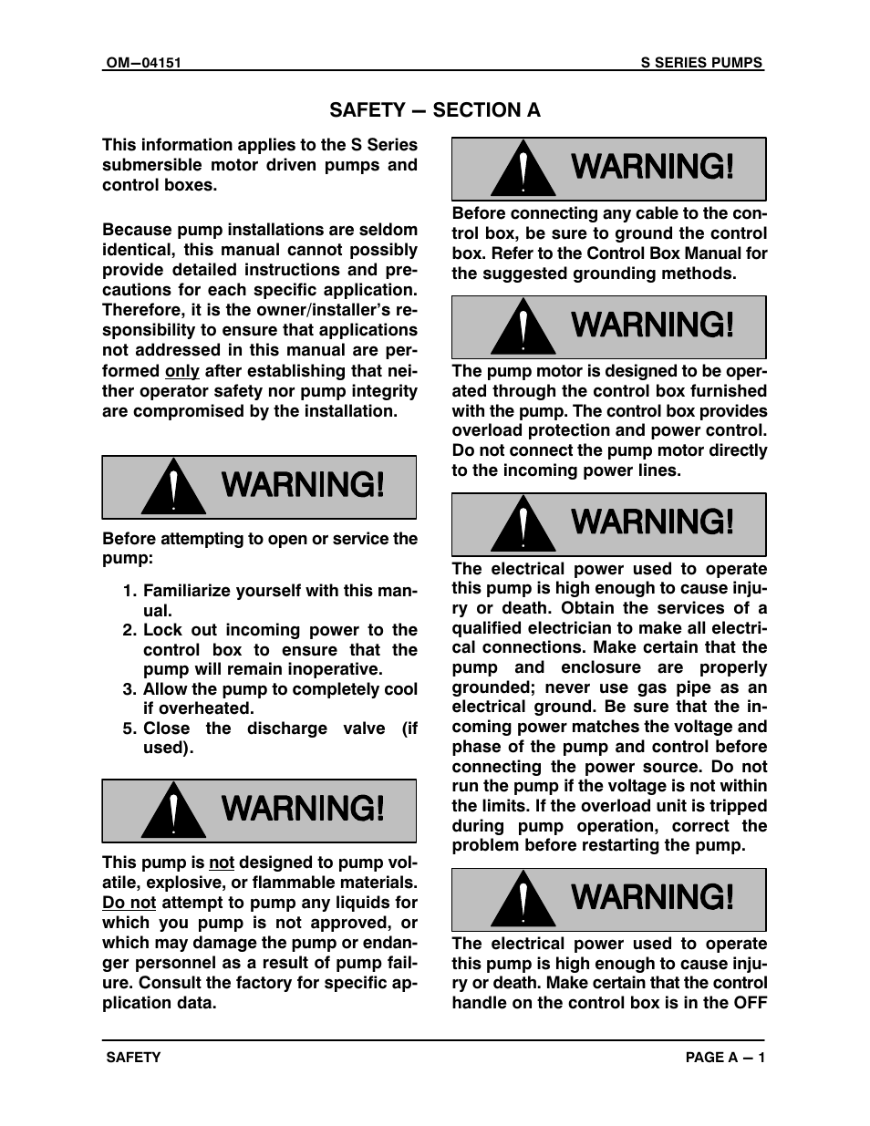 Safety - section a | Gorman-Rupp Pumps S3B65-E6 460/3 861279 thru 1217130 User Manual | Page 4 / 33