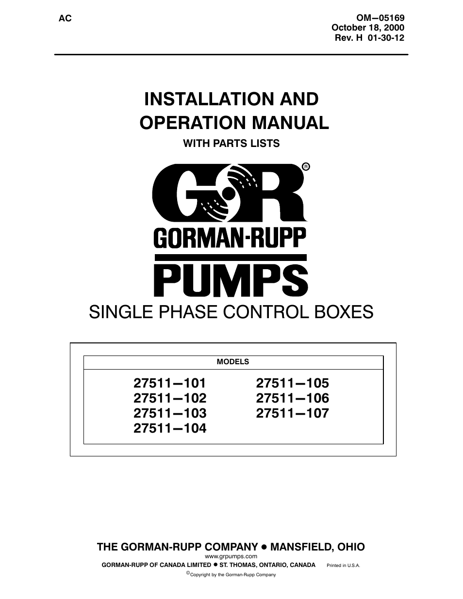 Gorman-Rupp Pumps S3A1 460V 3P All serial numbers Control Box User Manual | 22 pages