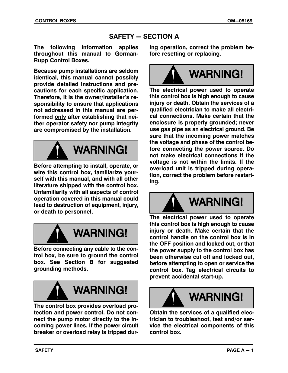 Safety - section a | Gorman-Rupp Pumps S3A1 460V 3P All serial numbers Control Box User Manual | Page 5 / 22