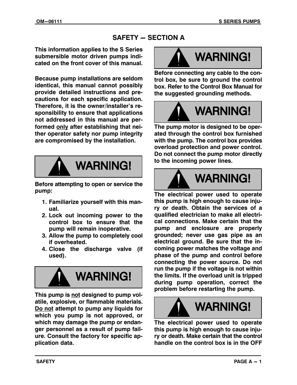 Safety - section a | Gorman-Rupp Pumps S6A1-E60 460/3 1401314 and up User Manual | Page 7 / 50