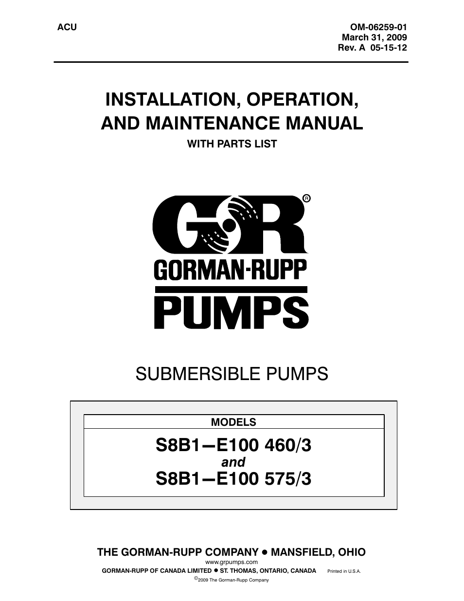 Gorman-Rupp Pumps S8B1-E100 460/3 1432260 and up User Manual | 50 pages