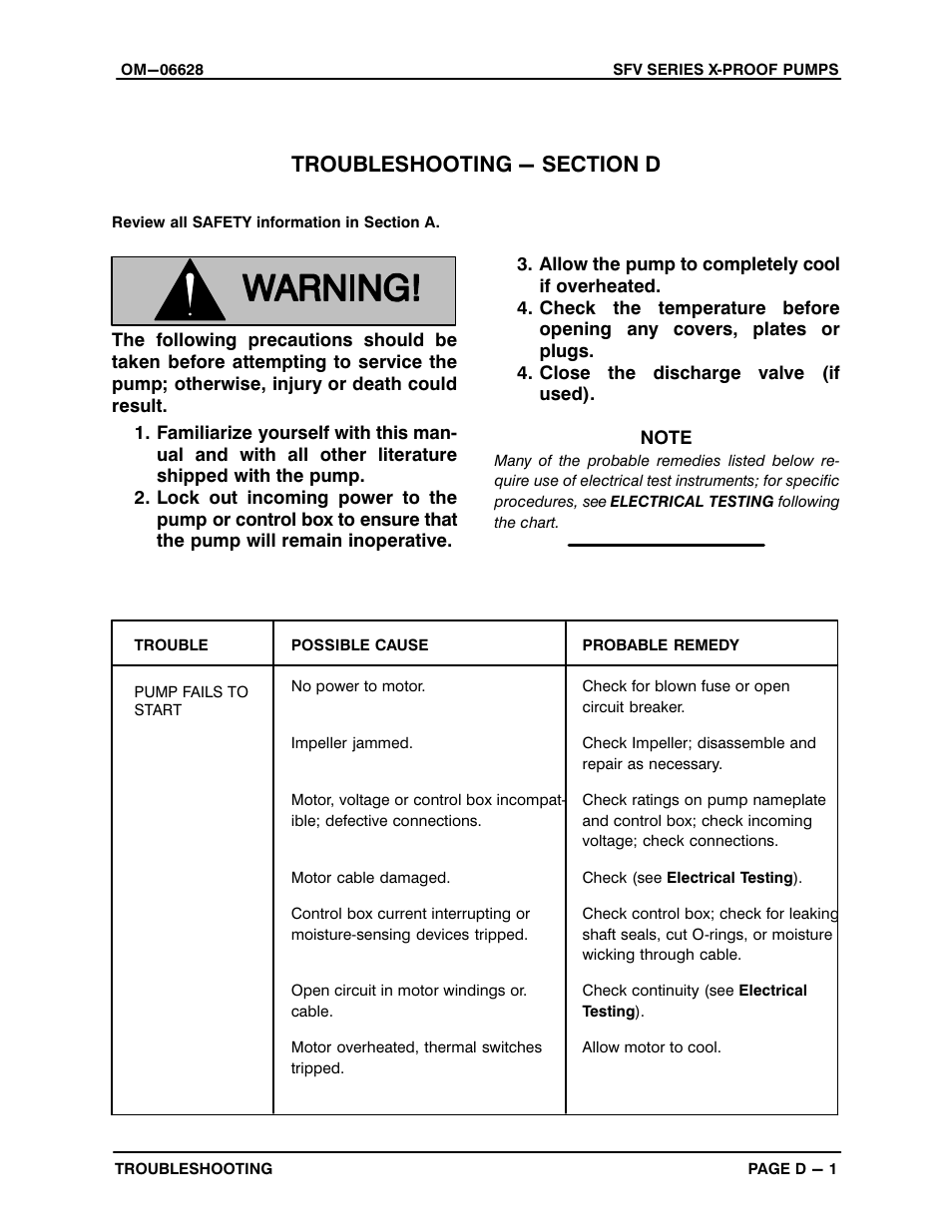 Troubleshooting - section d | Gorman-Rupp Pumps SFV4A-X 1531245 and up User Manual | Page 20 / 46