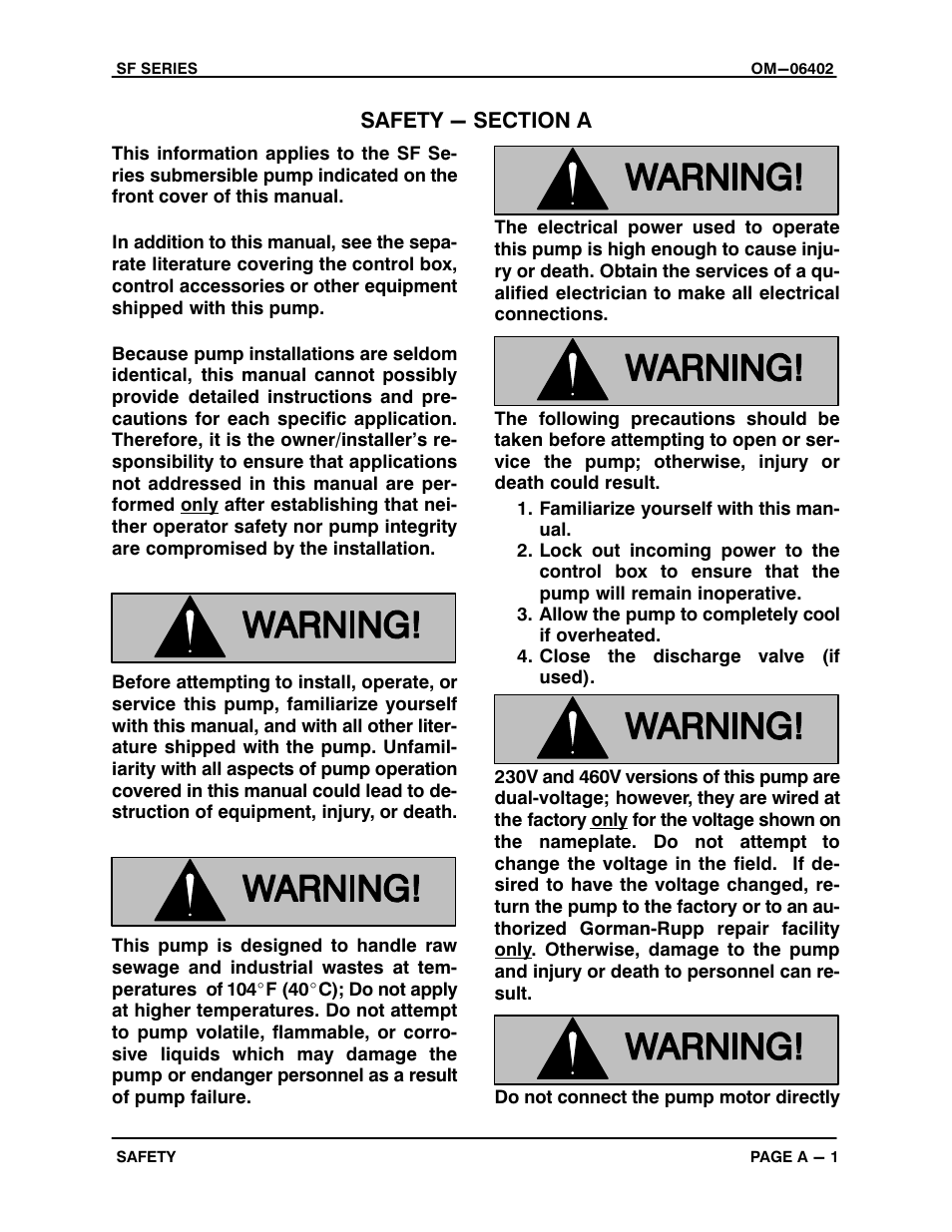 Safety - section a | Gorman-Rupp Pumps SFV4B 1468408 and up User Manual | Page 6 / 47