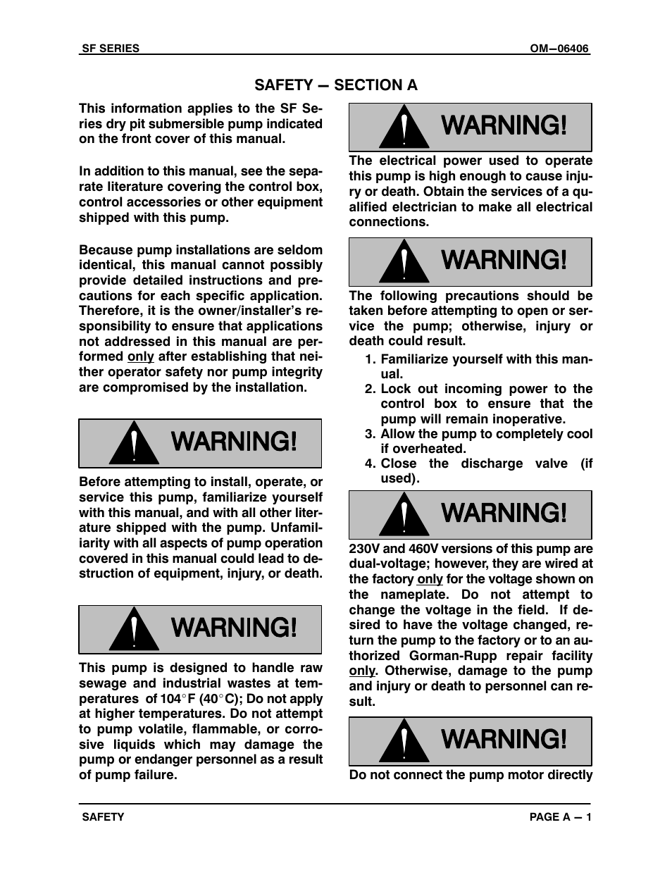 Safety - section a | Gorman-Rupp Pumps SFDV4A 1476538 and up User Manual | Page 6 / 44