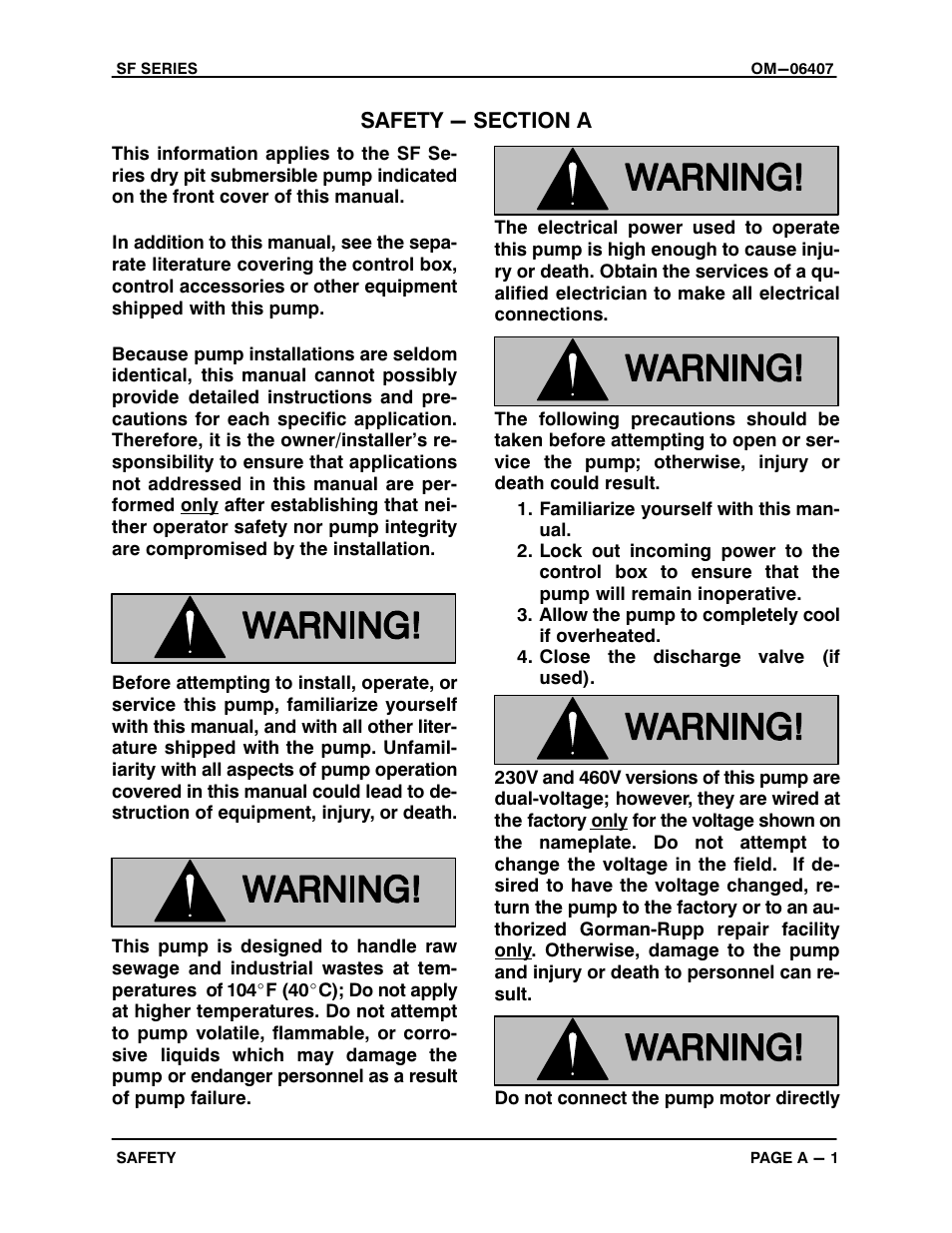 Safety - section a | Gorman-Rupp Pumps SFDV4B 1520149 and up User Manual | Page 6 / 44