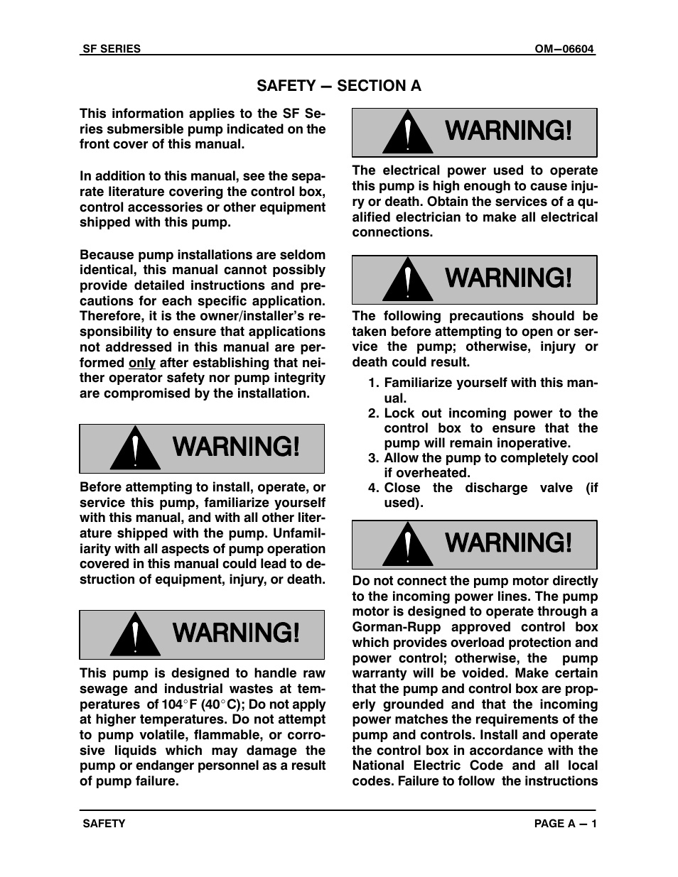 Safety - section a | Gorman-Rupp Pumps SF6C All serial numbers User Manual | Page 6 / 44