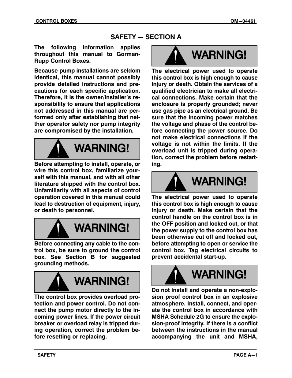 Safety - section a | Gorman-Rupp Pumps SM4G1-X30 460/3 1002211 thru 1241783 User Manual | Page 4 / 18