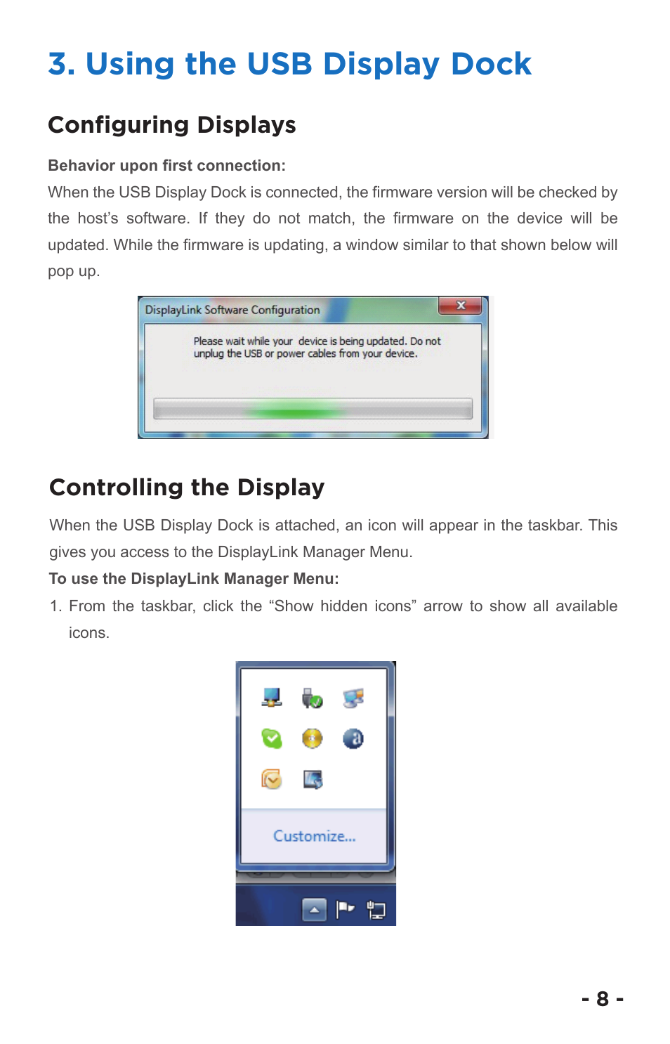 Using the usb display dock, Controlling the display configuring displays | ANKER USB 3.0 Dual Display (DVI/HDMI) Docking Station, Audio, Gigabit Ethernet, and 6 USB ports for Windows User Manual | Page 11 / 19