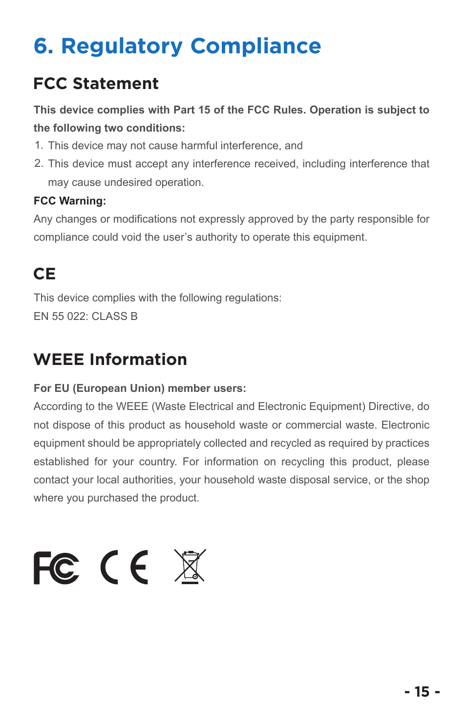 Regulatory compliance, Fcc statement ce weee information | ANKER USB 3.0 Dual Display (DVI/HDMI) Docking Station, Audio, Gigabit Ethernet, and 6 USB ports for Windows User Manual | Page 18 / 19