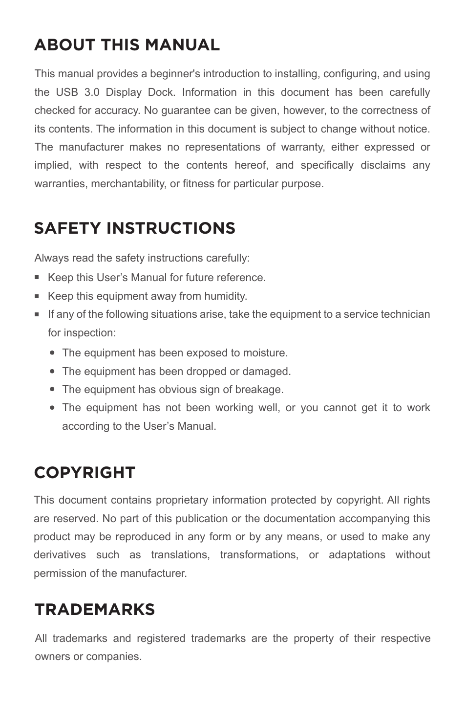 About this manual safety instructions copyright, Trademarks | ANKER USB 3.0 Dual Display (DVI/HDMI) Docking Station, Audio, Gigabit Ethernet, and 6 USB ports for Windows User Manual | Page 2 / 19